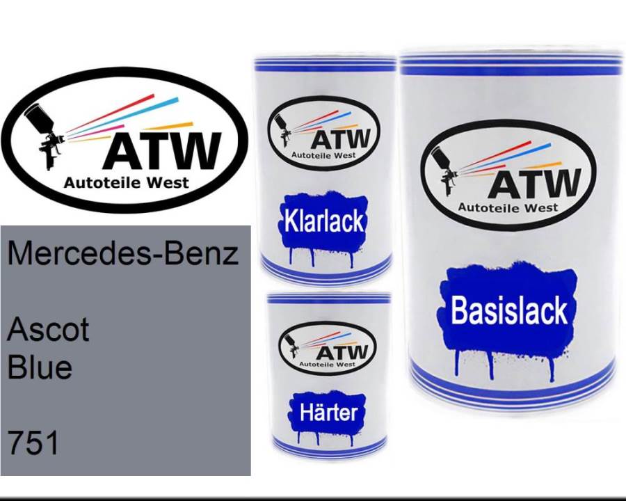 Mercedes-Benz, Ascot Blue, 751: 500ml Lackdose + 500ml Klarlack + 250ml Härter - Set, von ATW Autoteile West.